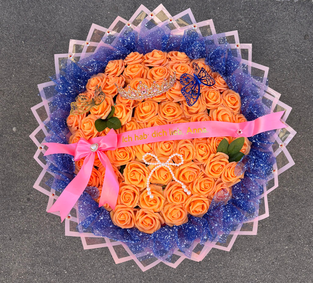 Royal „Sunset Glamour“ Premium-Glitzerbouquet mit goldener Königskrone & LED