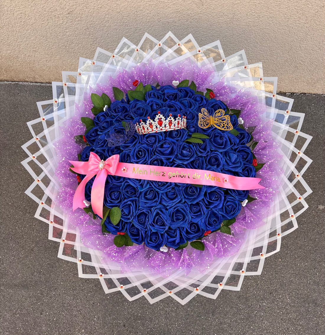 Royal „Königsblau“ Premium-Glitzerbouquet mit Silberkrone & LED