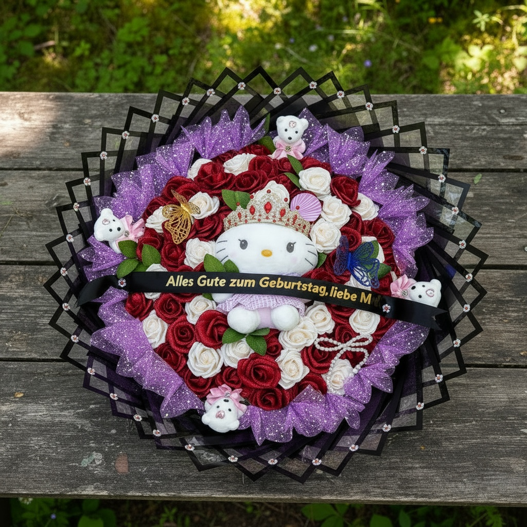 Royal „Velvet Contrast“ Premium-Glitzerbouquet in Schwarz, Rot & Weiß mit LED