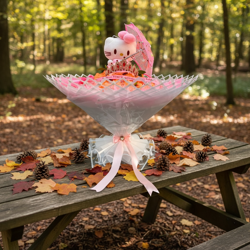 Hello Kitty „Orange Sunshine“ XXL Premium-Glitzerbouquet mit Mini-Schirm & LED